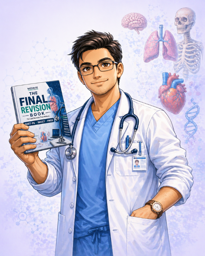 doctor holding 'The Final Revision Book' with medical-themed background